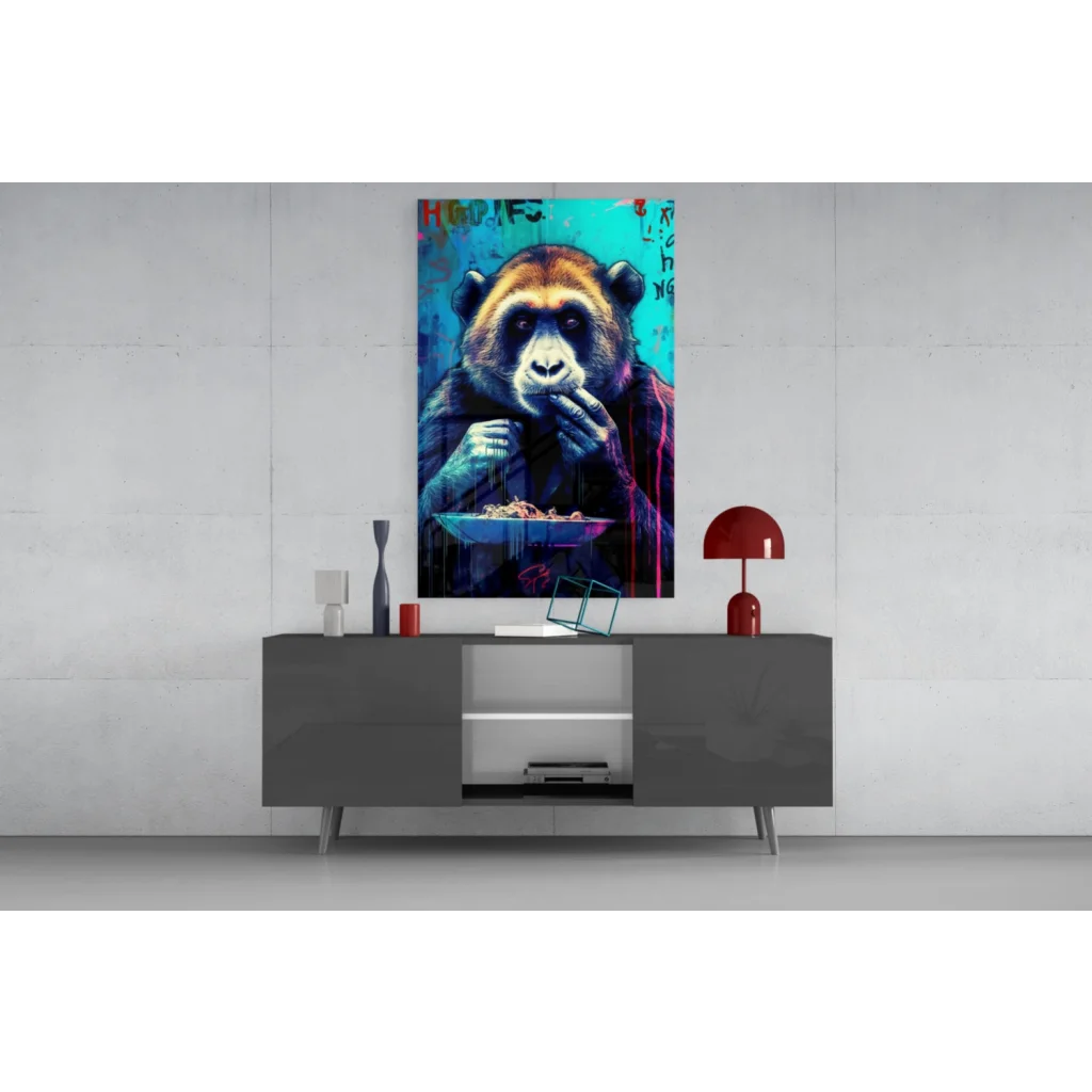 Vibrant graffiti monkey glass wall art canvas print in blue, orange, purple on teal