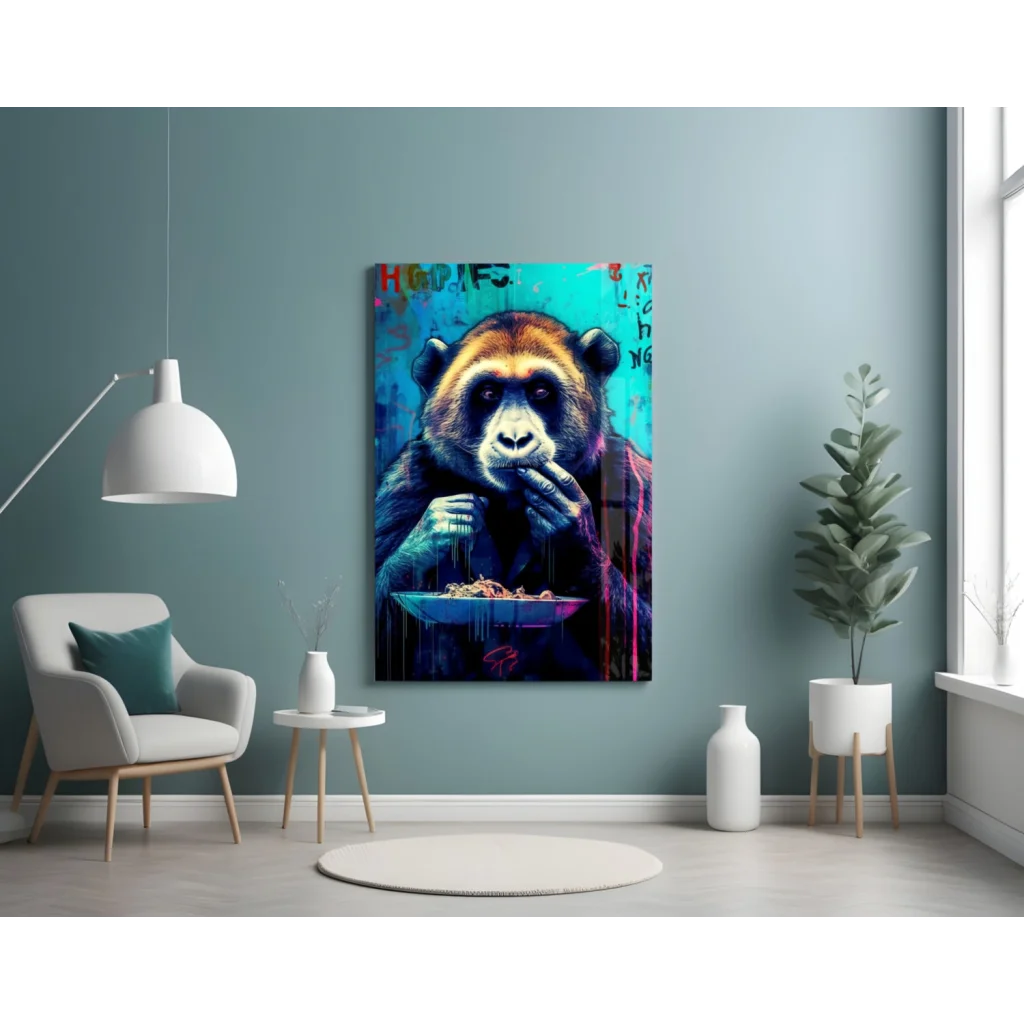 Vibrant graffiti monkey glass wall art canvas print in teal, purple, orange
