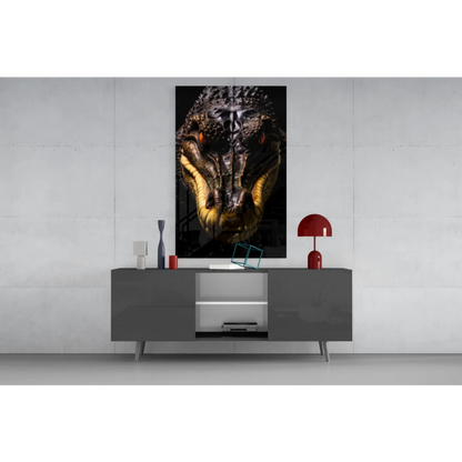 Stunning gold alligator glass wall art with fierce orange eyes