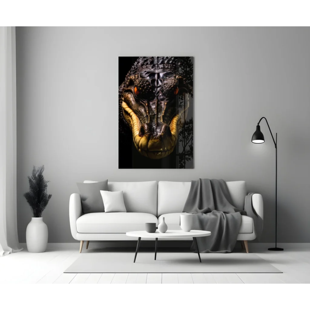 Stunning Gold Alligator Glass Wall Art With Fierce Orange Eyes | Modern Wall Art Decor | vintageantiquesgifts.com