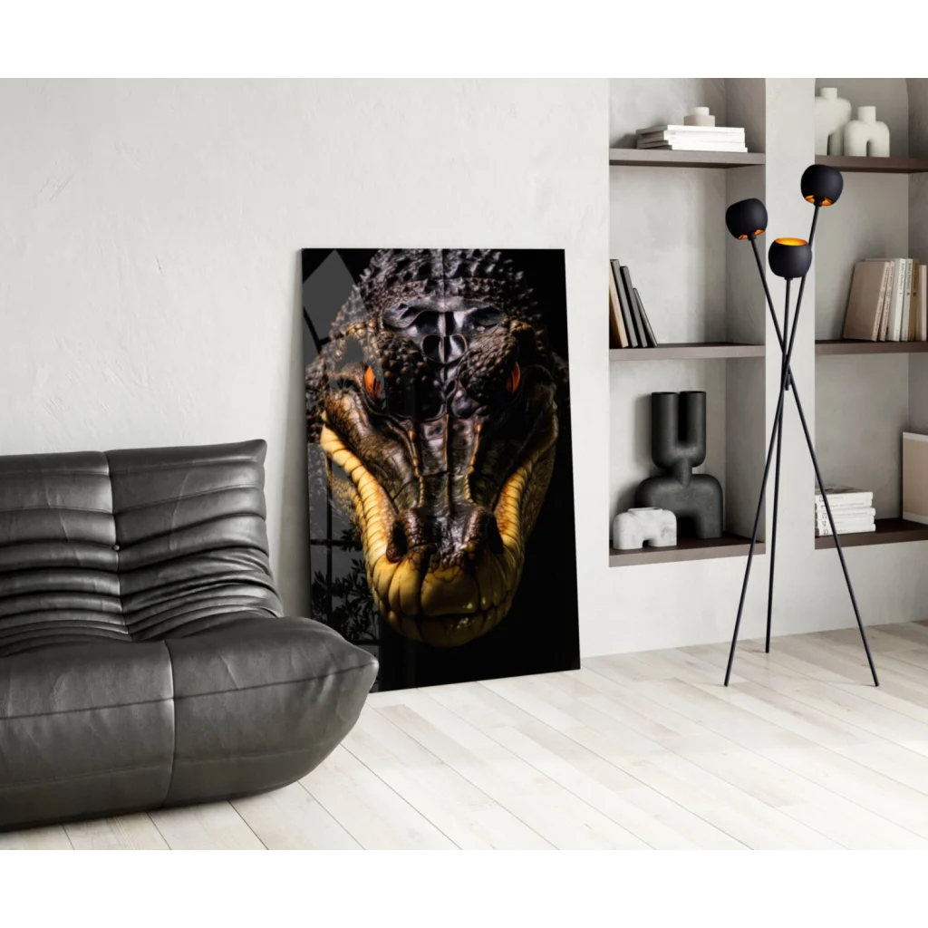 Stunning gold alligator glass wall art with fierce orange eyes