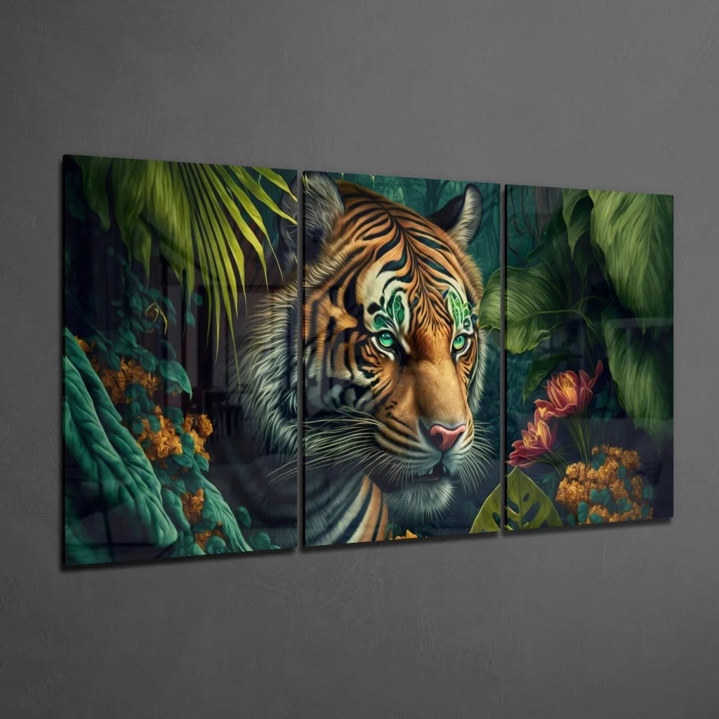 Glass Wall Art Jungle tiger glass wall art with glowing green eyes and lush foliage
