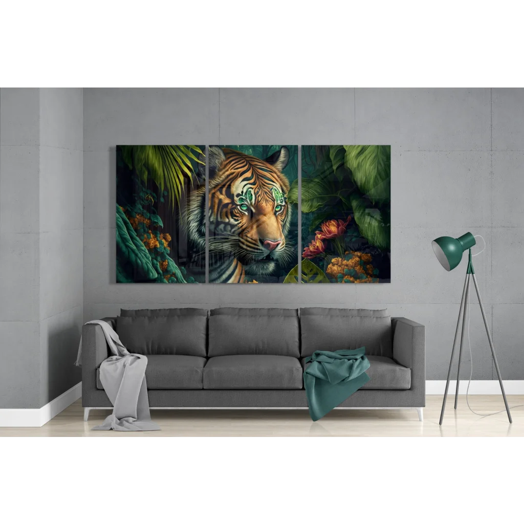 Jungle Tiger Glass Wall Art with Glowing Green Eyes | Modern Wall Art Decor | vintageantiquesgifts.com
