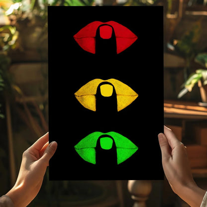 Traffic light lips insigne aluminum print with red yellow green lips
