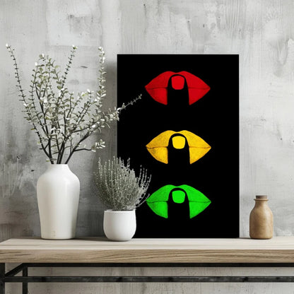 Stylized red yellow green lips on black, Traffic Light Lips Insigne Aluminum Prints