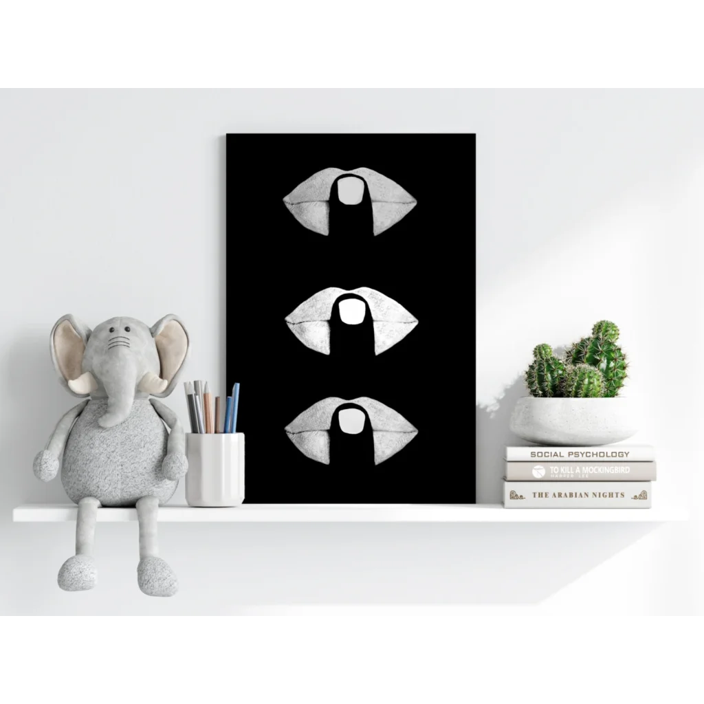 Black minimalist white lips on insigne aluminum prints for modern walls