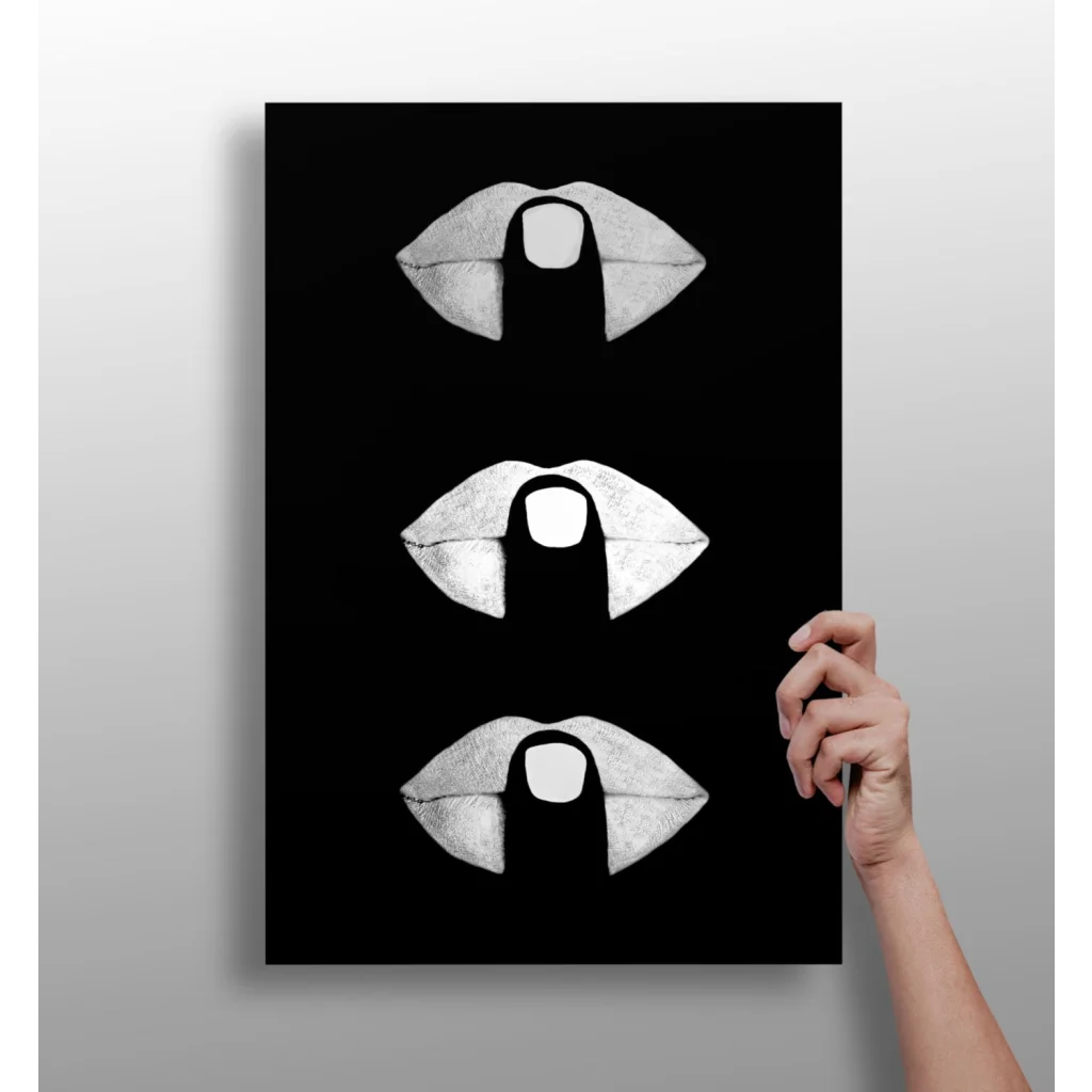 Stylized silver lips on black canvas in insigne aluminum prints