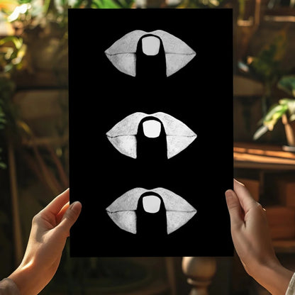 Black poster of white lips with nail design on Insigne aluminum prints
