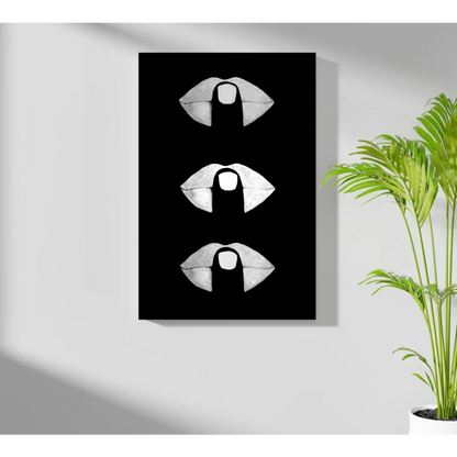 Stylized white lips on black canvas in insigne aluminum prints