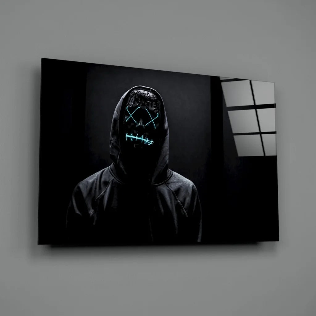 Glowing blue LED hooded figure canvas wall art with neon X eyes