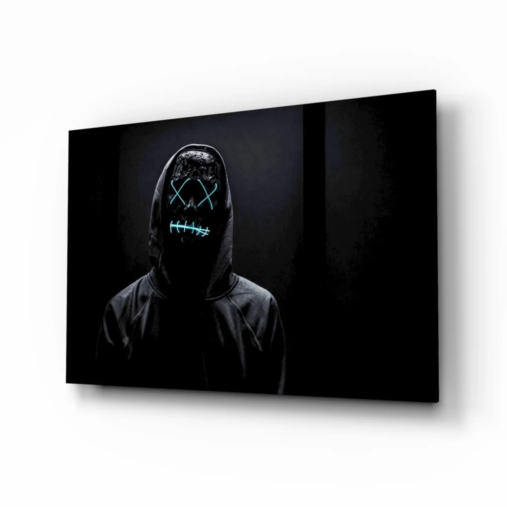 Glowing blue LED hooded figure canvas wall art with cyan X eyes