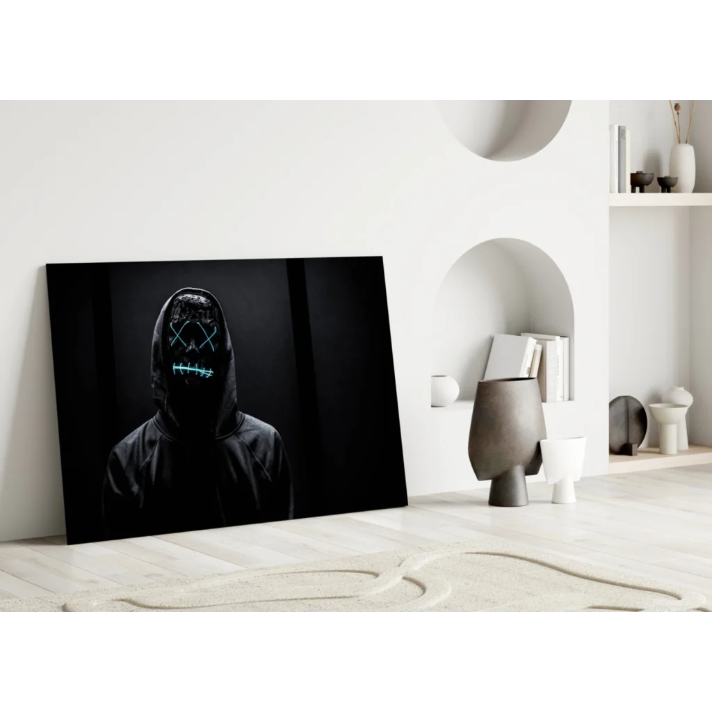 Glowing blue LED hooded figure on black canvas wall art