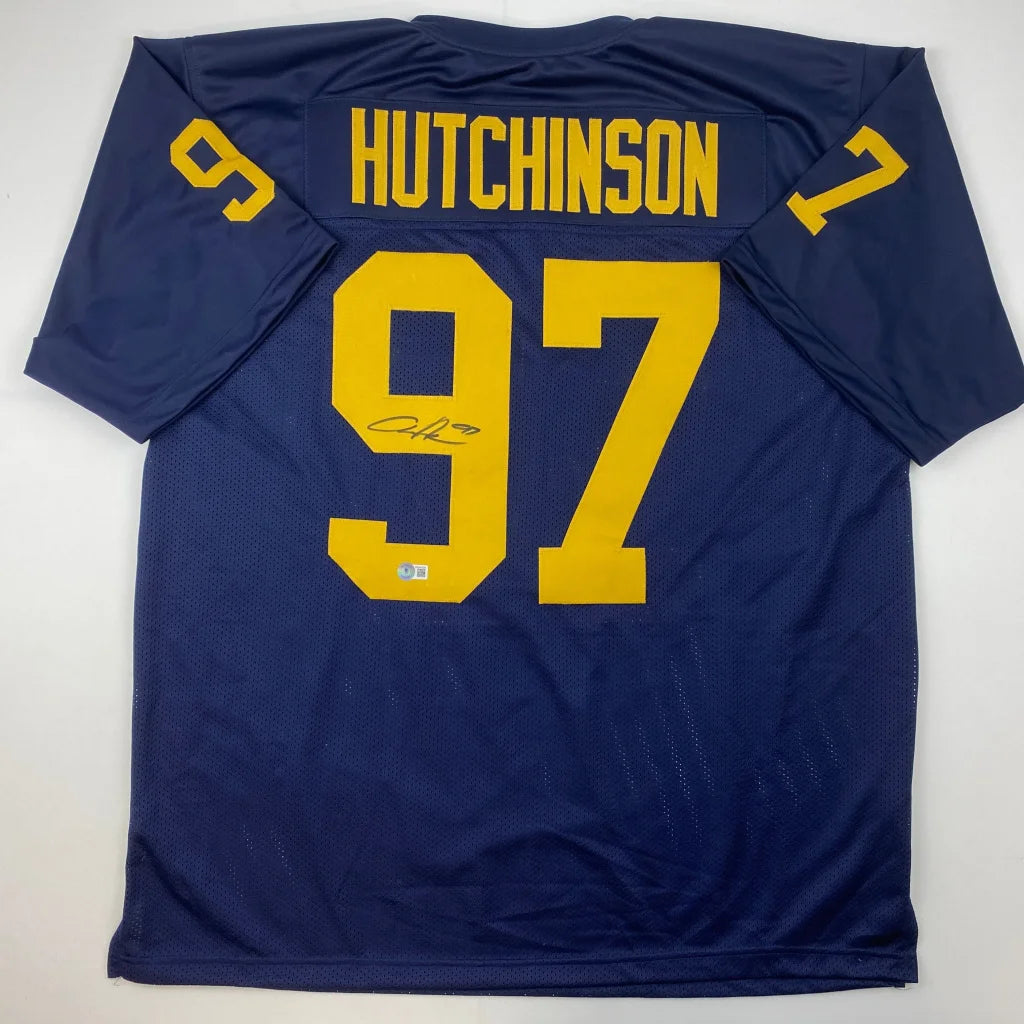 Navy blue Hutchinson 97 custom jersey with signature, pro sports league style
