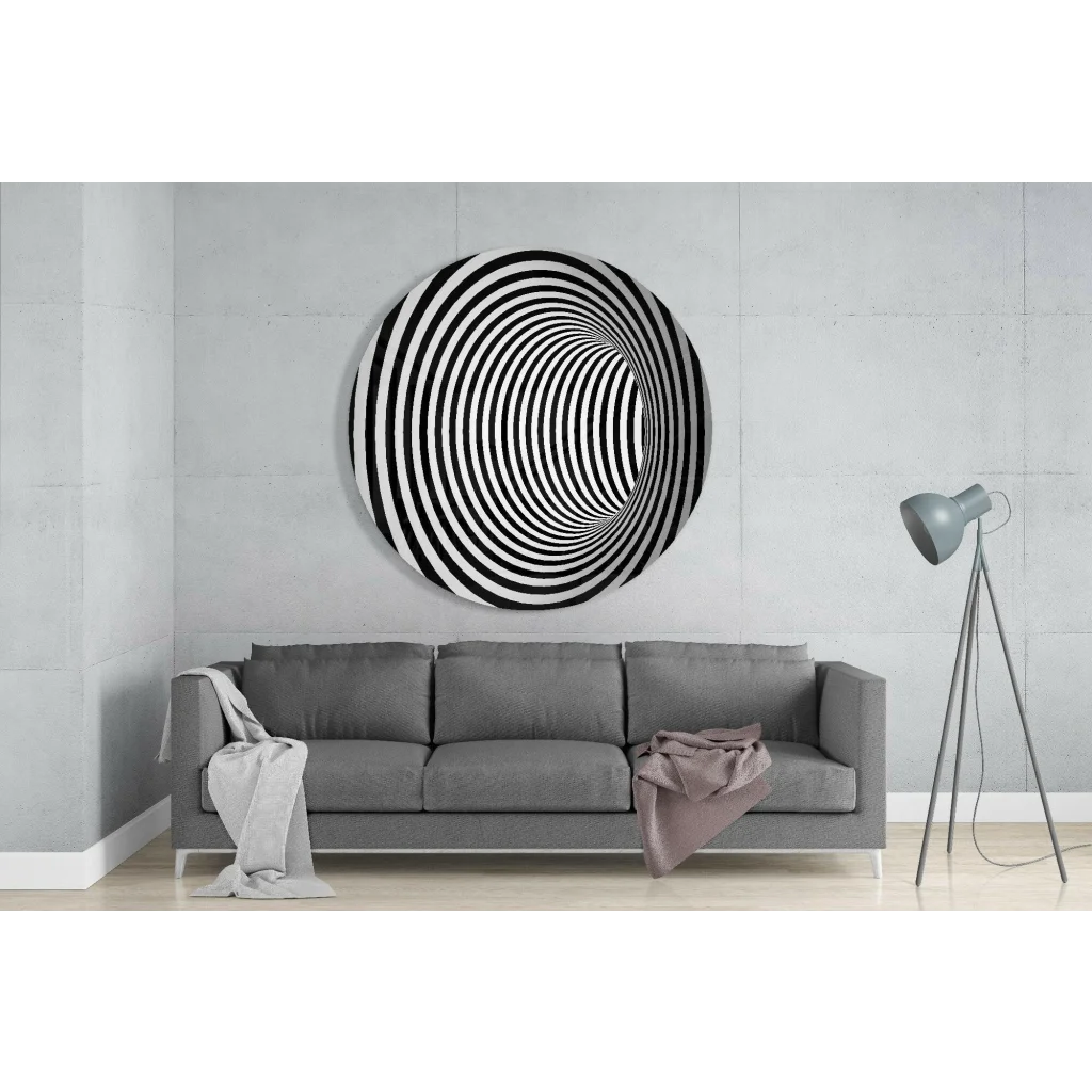 Hypnotic tunnel tempered glass art with black and white spiraling illusion