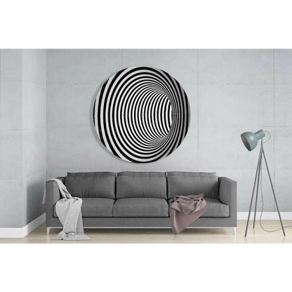 Hypnotic tunnel tempered glass art with black and white spiraling illusion