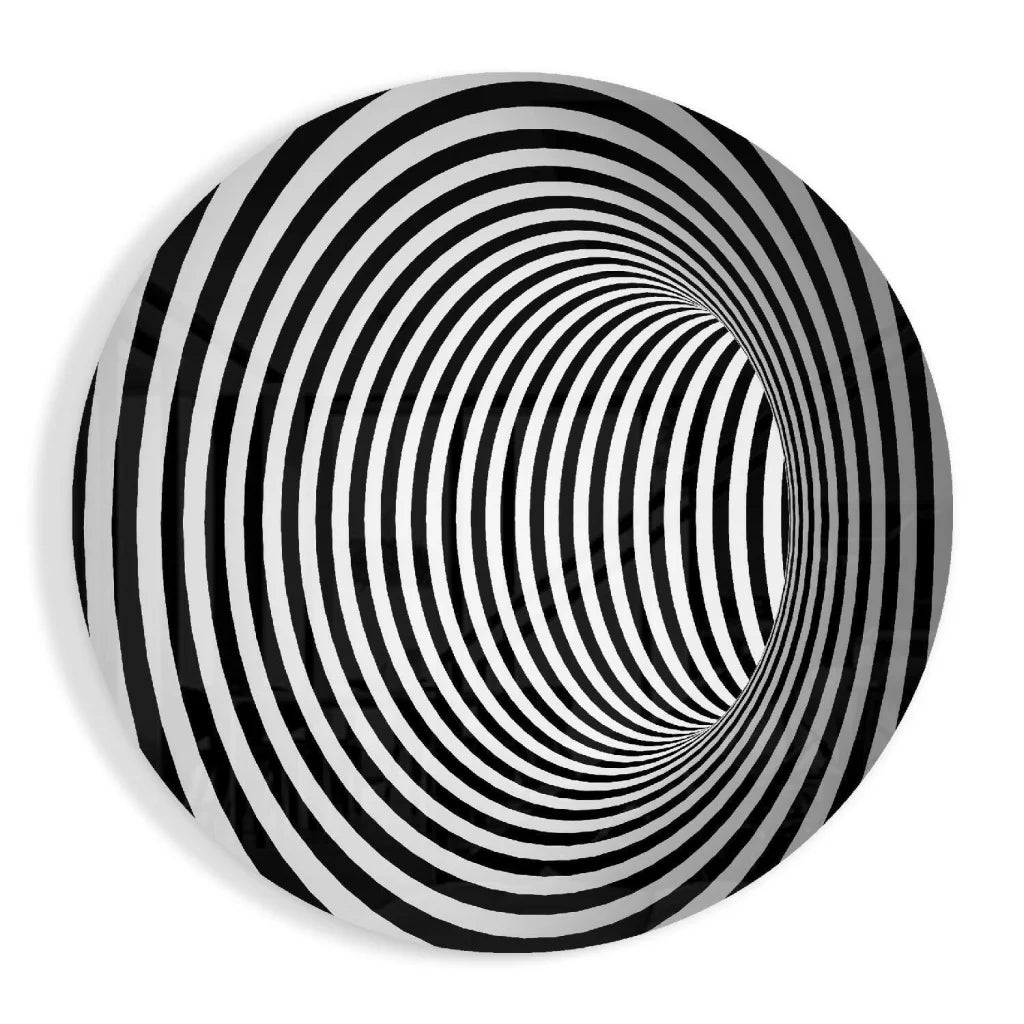 Hypnotic tunnel tempered glass art with black and white spiraling stripes