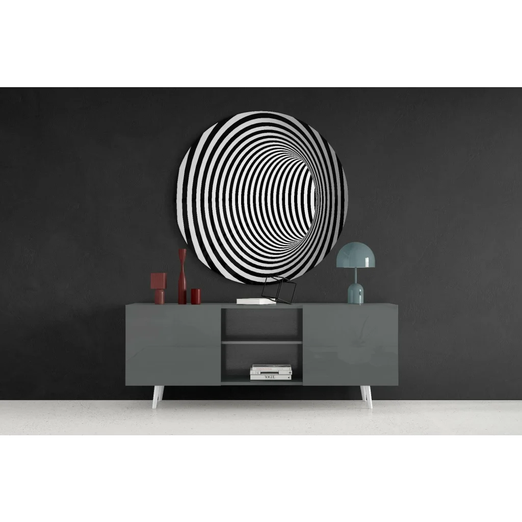 Black and white hypnotic tunnel tempered glass art with spiraling illusion