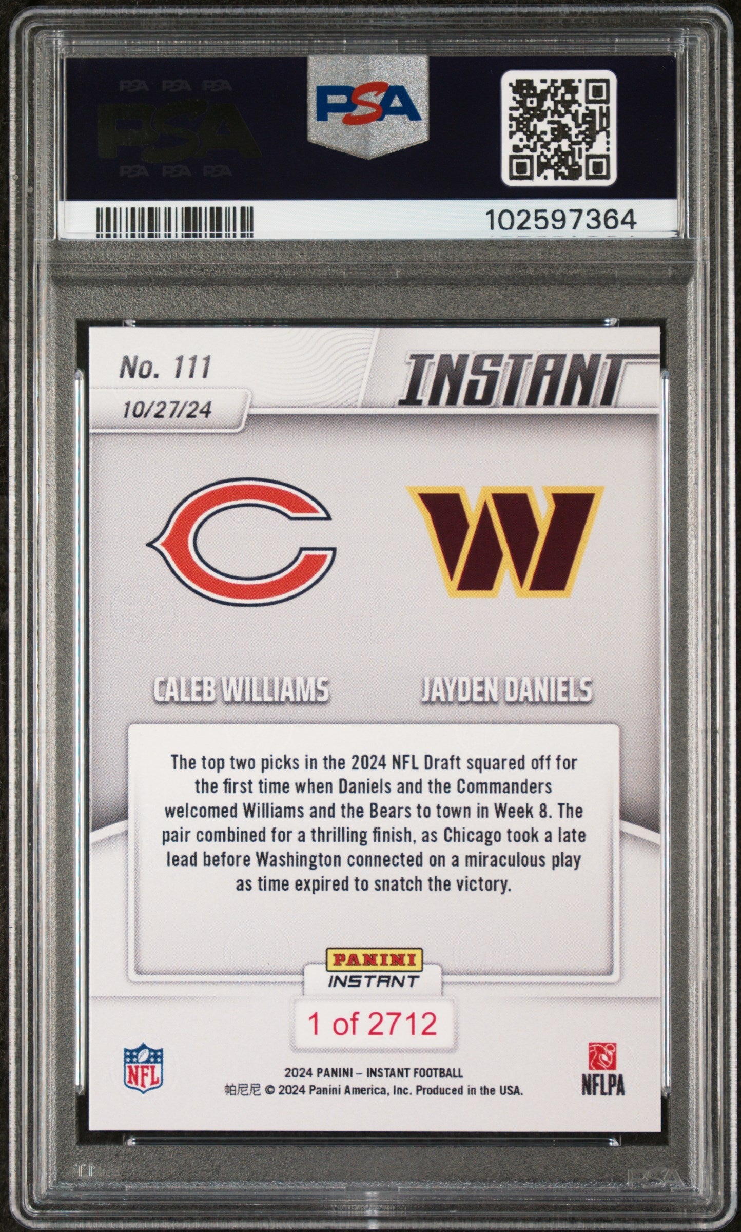 Graded 2024 Panini Instant Jayden Daniels Caleb Williams Dual Rookie RC Football Card PSA 10 Gem Mint
