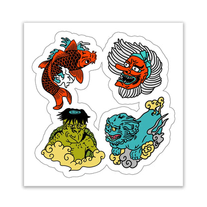 Japanese tattoo stickers featuring koi fish Tengu mask Kappa Foo dog from Ibaraki and Friends set by Ashley Heafy
