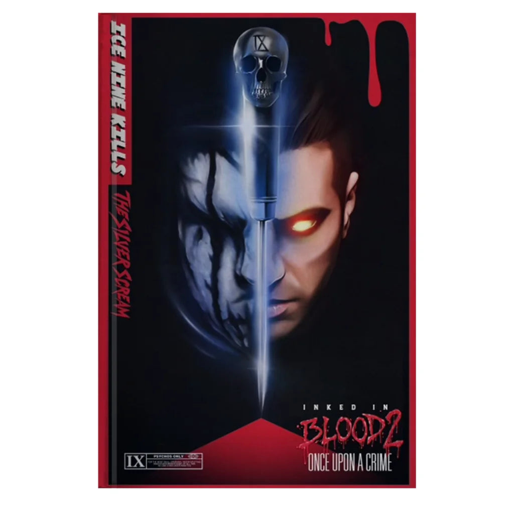 Horror-themed Ice Nine Kills album cover with skull sword splitting a face featuring Spencer Charnas