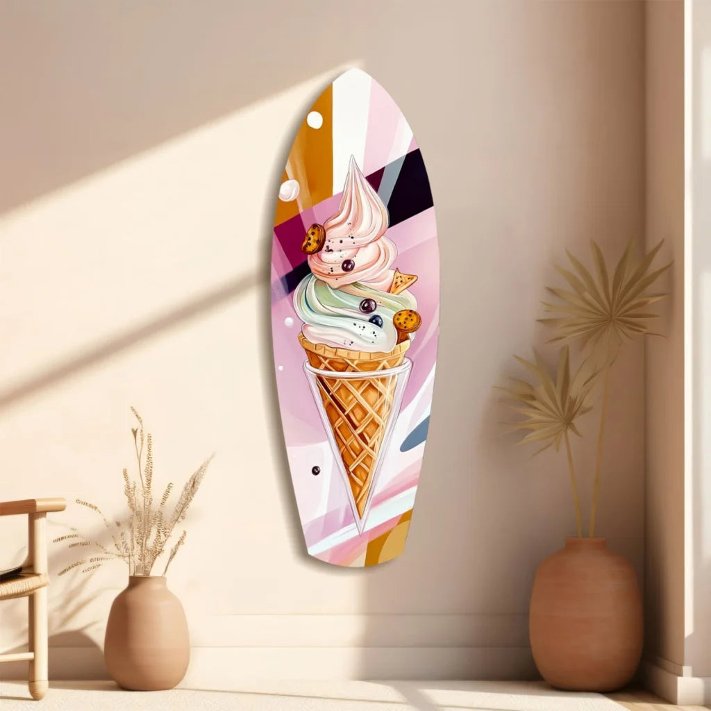 Vibrant surfboard tempered glass art of pink green ice cream cone with cookies blueberries