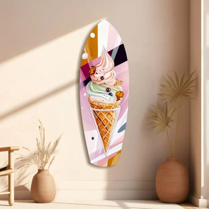 Vibrant surfboard tempered glass art of pink green ice cream cone with cookies blueberries
