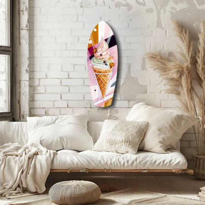 Vibrant surfboard tempered glass art with pastel ice cream cone swirls