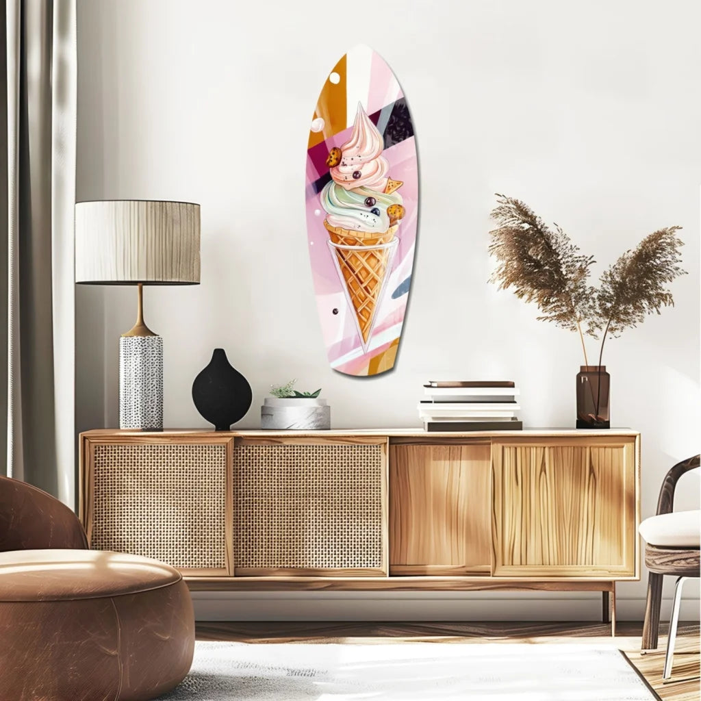Vibrant pastel surfboard tempered glass art with ice cream cone design