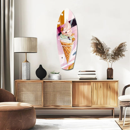 Vibrant pastel surfboard tempered glass art with ice cream cone design