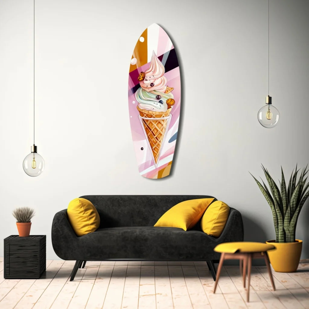Vibrant surfboard tempered glass art with pink green ice cream cone