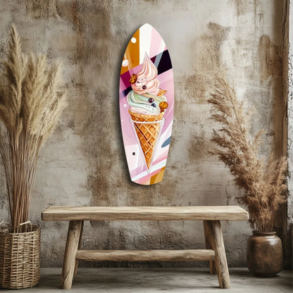 Vibrant surfboard ice cream cone tempered glass art with pastel stripes