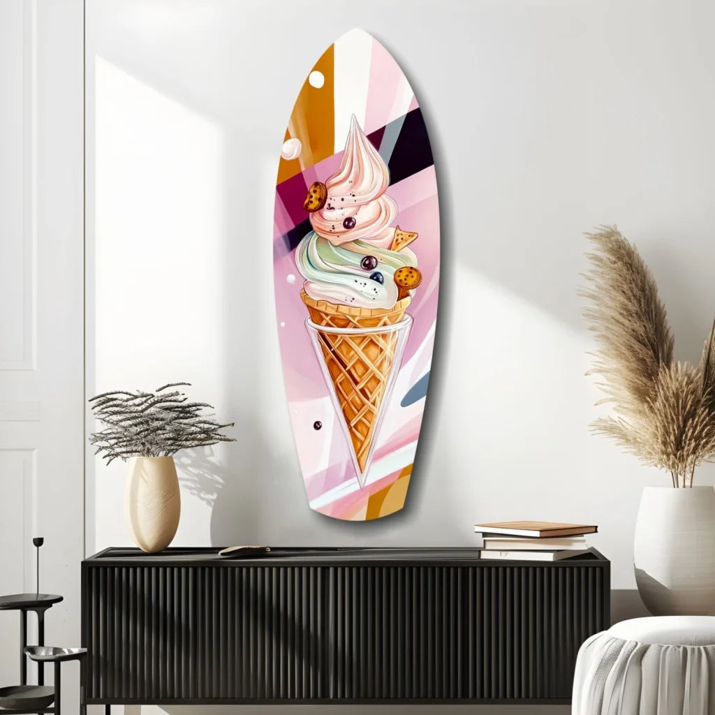 Vibrant surfboard tempered glass art of colorful ice cream cone with pink green swirls cookies blueberries