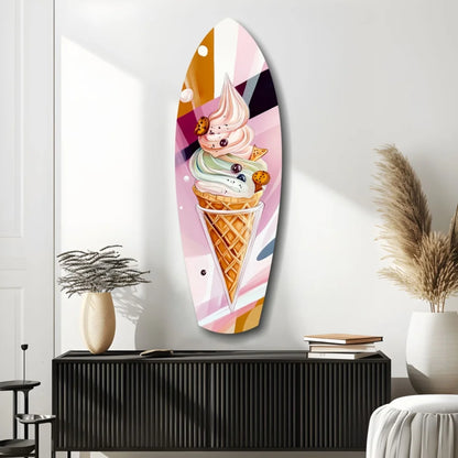 Vibrant surfboard tempered glass art of colorful ice cream cone with pink green swirls cookies blueberries