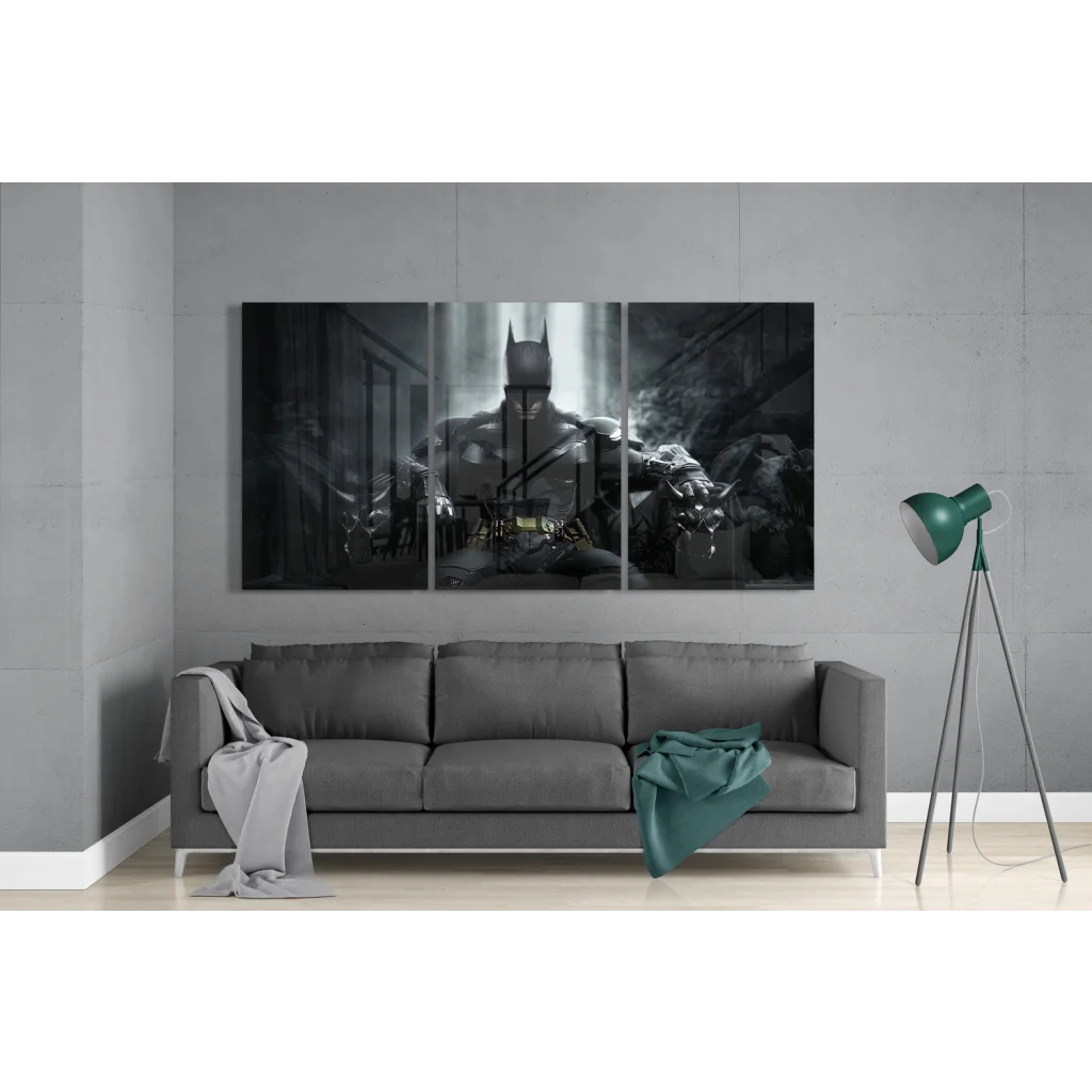 Batman Triptych Insigne Glass Art in Dramatic Black and Gray | Modern Wall Art Decor | vintageantiquesgifts.com