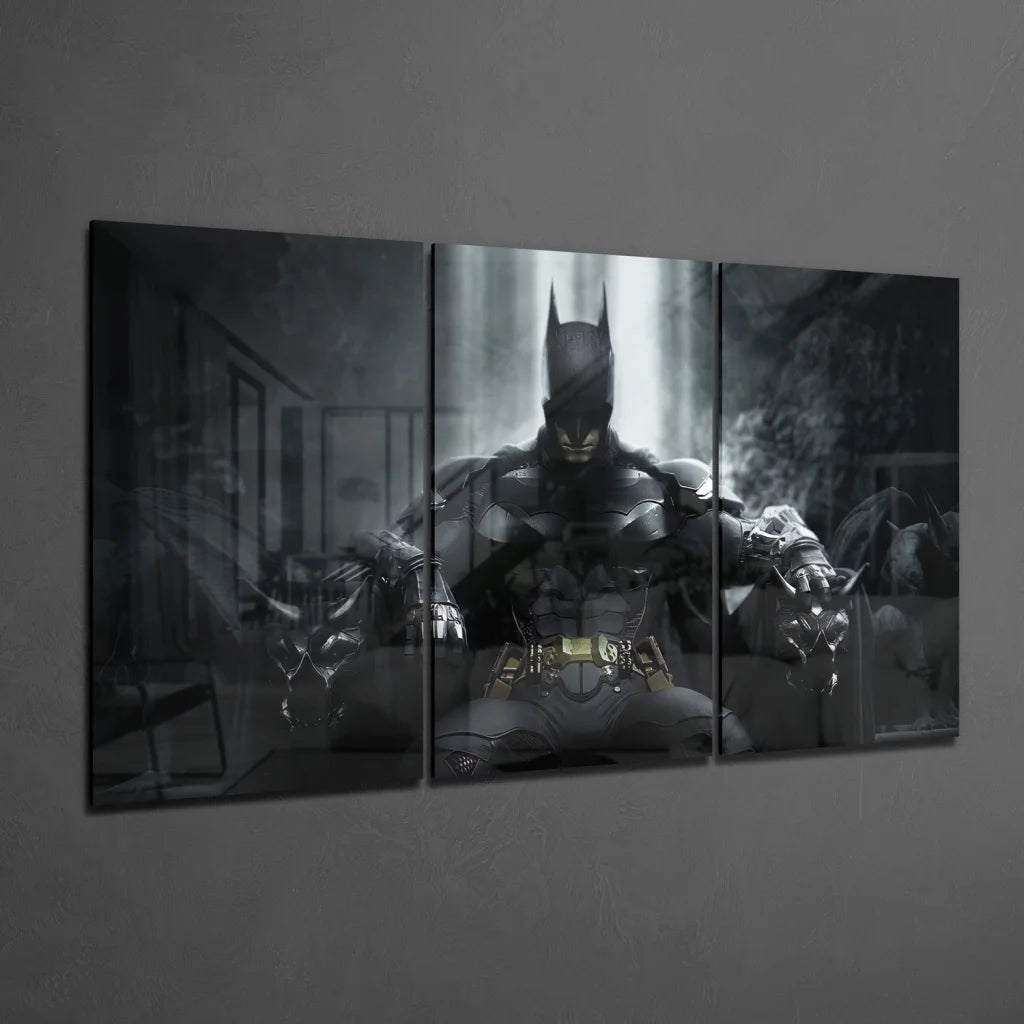 Batman Triptych Insigne Glass Art in Dramatic Black and Gray | Glass Wall Art Print | vintageantiquesgifts.com