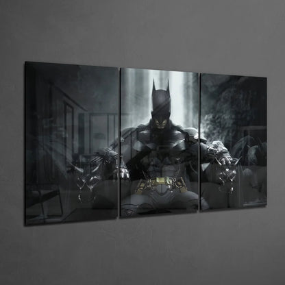 Batman Triptych Insigne Glass Art in Dramatic Black and Gray | Glass Wall Art Print | vintageantiquesgifts.com