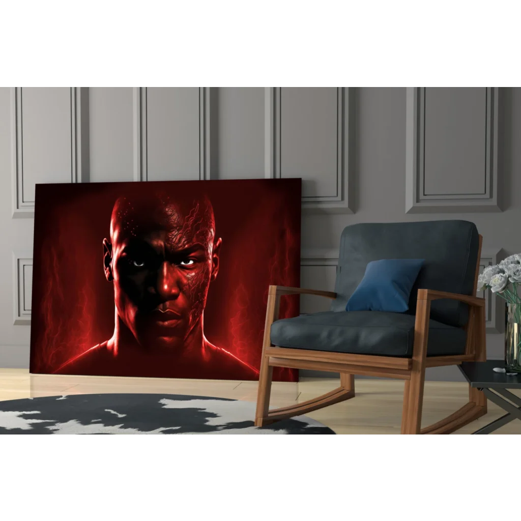 Mike Tyson red glow glass wall art canvas print with muscular portrait