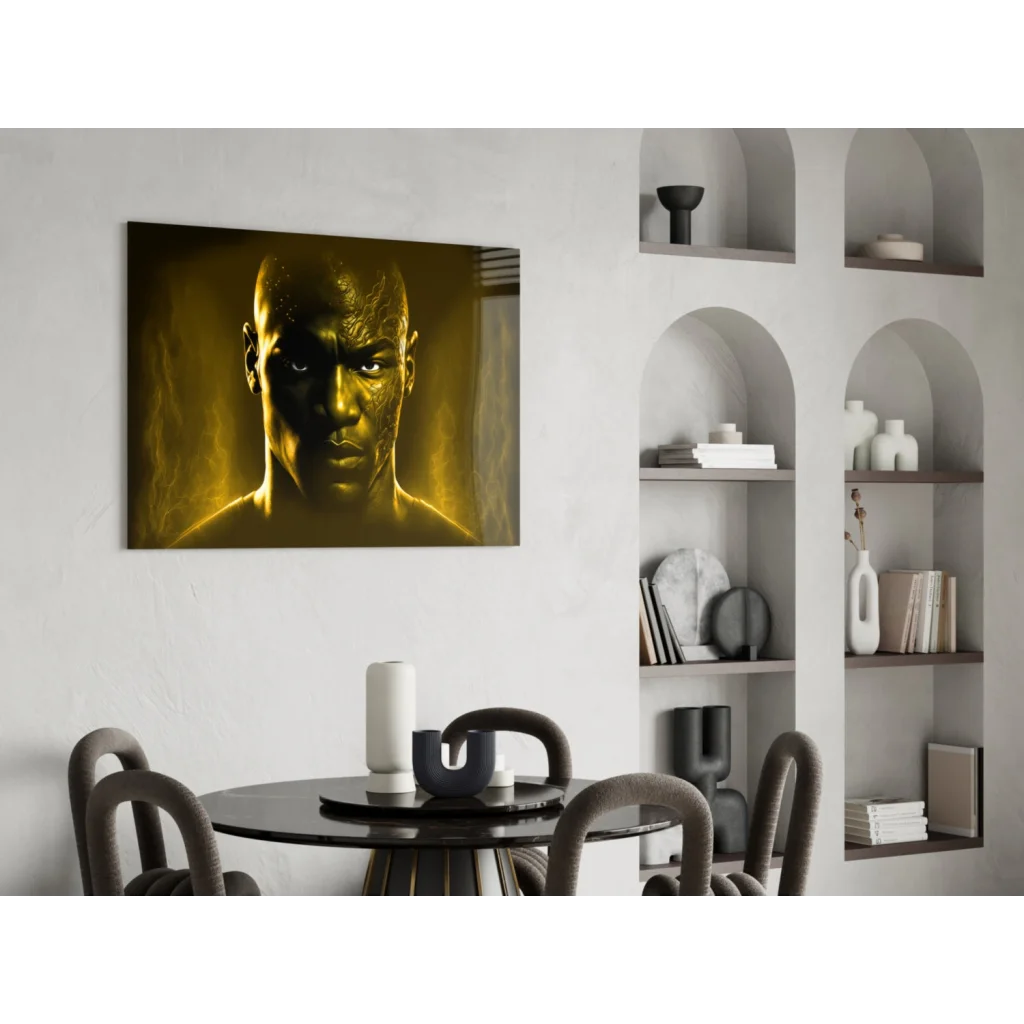 Stunning golden warrior glass wall art canvas portrait with glowing lighting