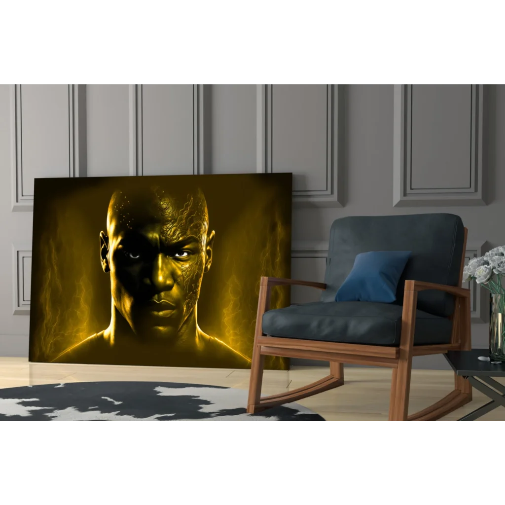 Stunning golden warrior glass wall art canvas portrait on living room wall