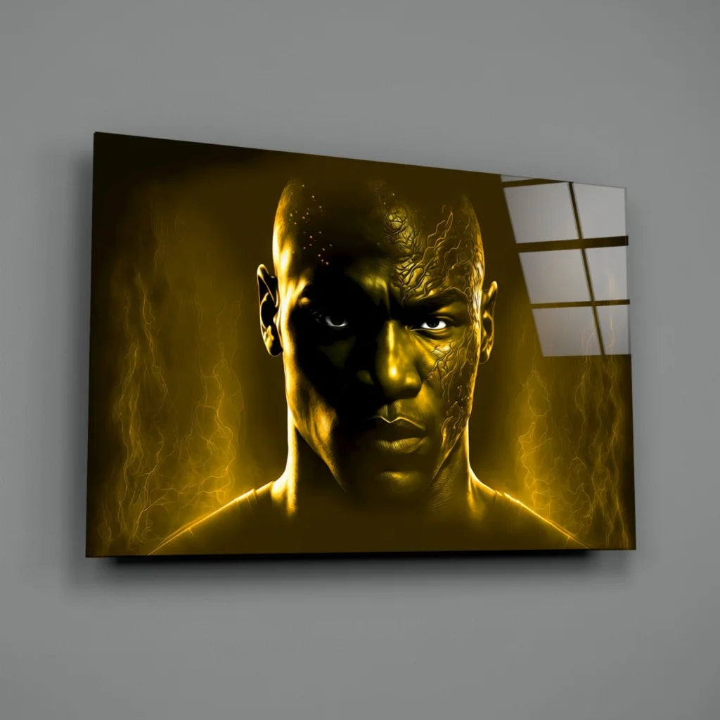 Golden-framed muscular warrior glass wall art portrait with glowing patterns