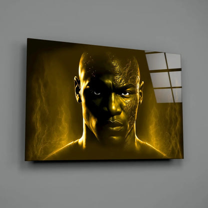 Golden-framed muscular warrior glass wall art portrait with glowing patterns