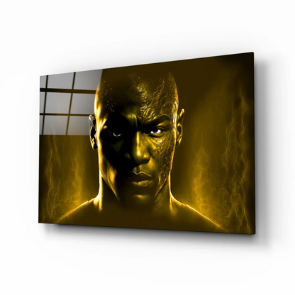 Golden-hued glass wall art portrait of boxer with flame patterns