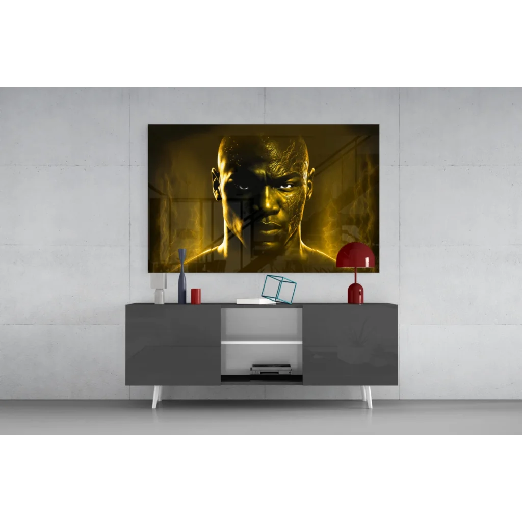 Golden warrior glass wall art canvas portrait of muscular man