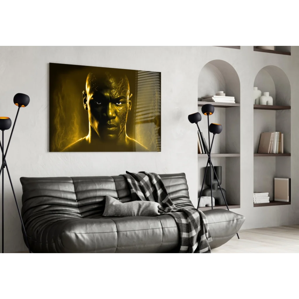 Golden warrior glass wall art canvas portrait on white wall above black sofa