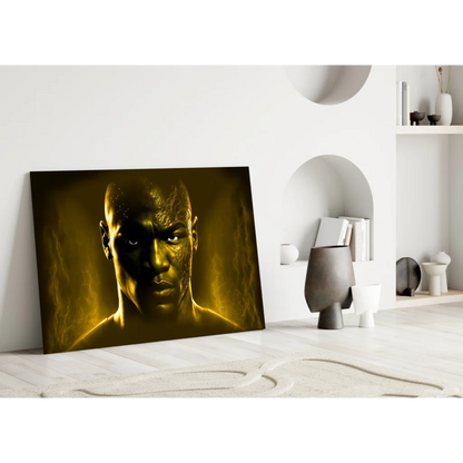 Golden-hued muscular warrior in glass wall art portrait