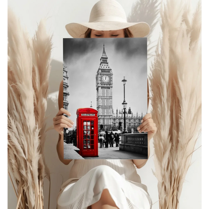 Iconic red London phone booth canvas with black and white Big Ben