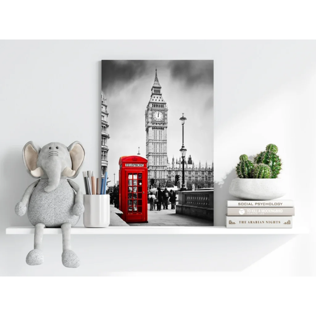Iconic red London phone booth canvas with Big Ben in black and white