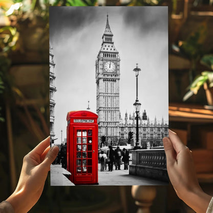 Vibrant red British phone booth poster with black and white Big Ben