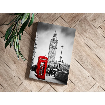 Vibrant red London phone booth canvas against black-and-white Big Ben