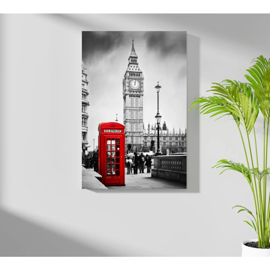 Iconic red London phone booth canvas with Big Ben in selective color